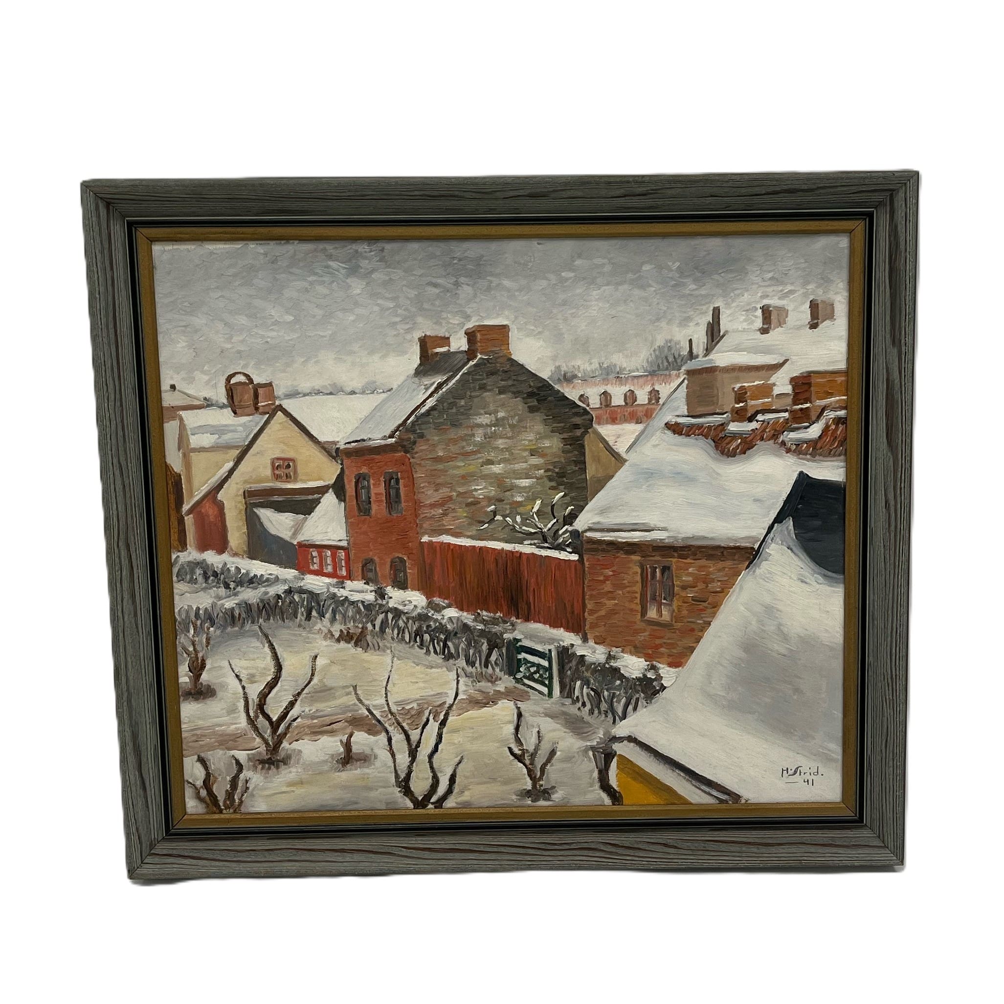 Olja på duk Hardy Strid (1921-2012) ”Snösmältning i Byaledsgränd” Signerad & Daterad