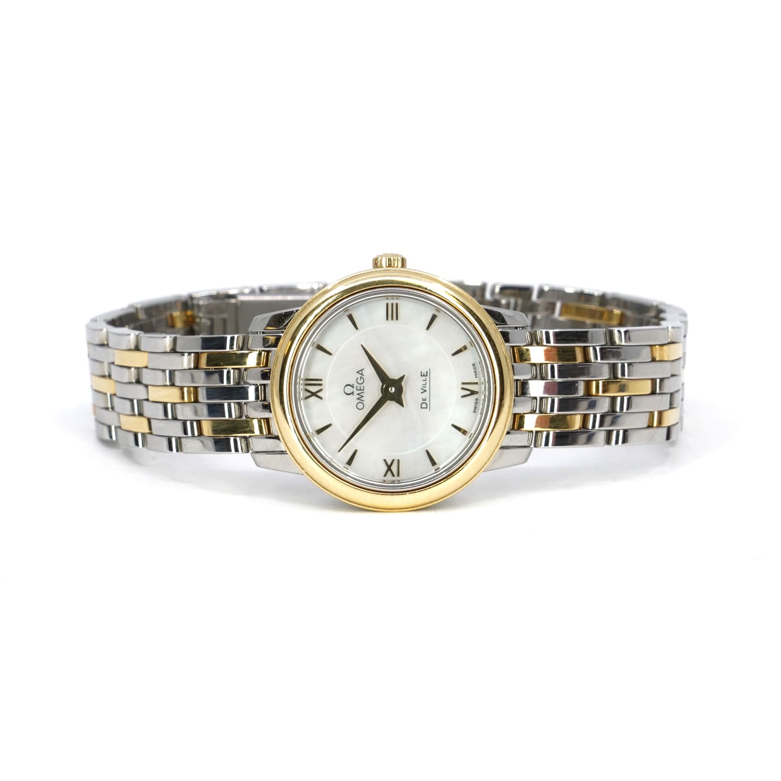 Omega De-Ville Prestige stål/guld 24,4 mm, kvarts MOP – urtavla, cert -23 tillbehör