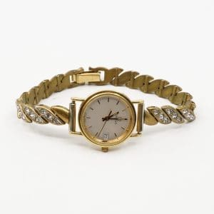 Armbandsur Omega 18K quartz, går ej, Ø22mm, graverad med länk i oädel metall bruttovikt 28,0g