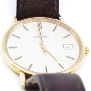 Investeringsguld 18K ca5g Eterna graverad 18K datum quartz/går ej med läderarmband