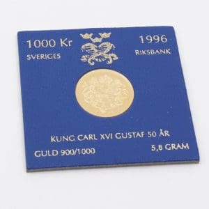 Jubileumsmynt Guld 21K 5,8g Kung Carl XVI Gustaf 50 år i kassett