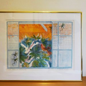 Barbro Folcker, grafiskt tryck nr 125/360, "Fönster mot Matabungkay", bladets mått 31x42cm, inramad