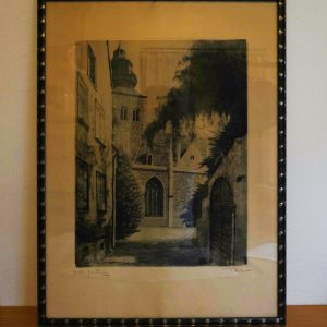 Folke Bülow ( 1905-1961) Etsning, mått 38x29cm, motiv från Wisby, gulnat blad, skadad inramning