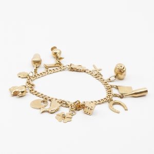 Armband Pansar Guld 18K 21,8g Längd 19cm Bredd 4mm med fjorton berlocker