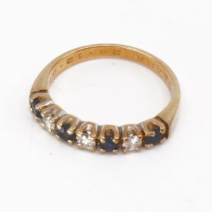 Ring Guld 14K Brv 2,9g Ø17 med diamanter 3xca0,05ct och blå stenar, graverad