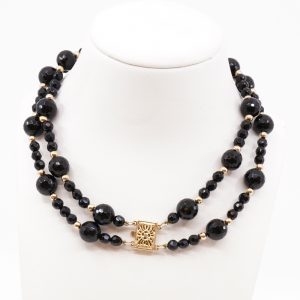Collier Tvåradigt Guld 14K Brv 29,8g Längd 41,5cm Bredd 15mm med guldkulor/stavar och svarta slipade