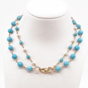 Collier Tvåradigt Guld 14K Brv 19,4g Längd 48,5cm Bredd 10mm med pärlor och turkosa kulor