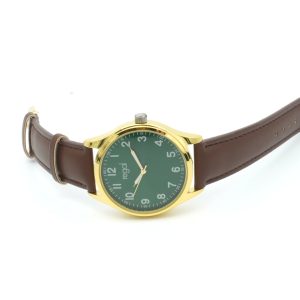 Regal 40mm stål - guldfärgat, kvarts, grön urtavla, refensnummer: 3829, brunt läderarmband